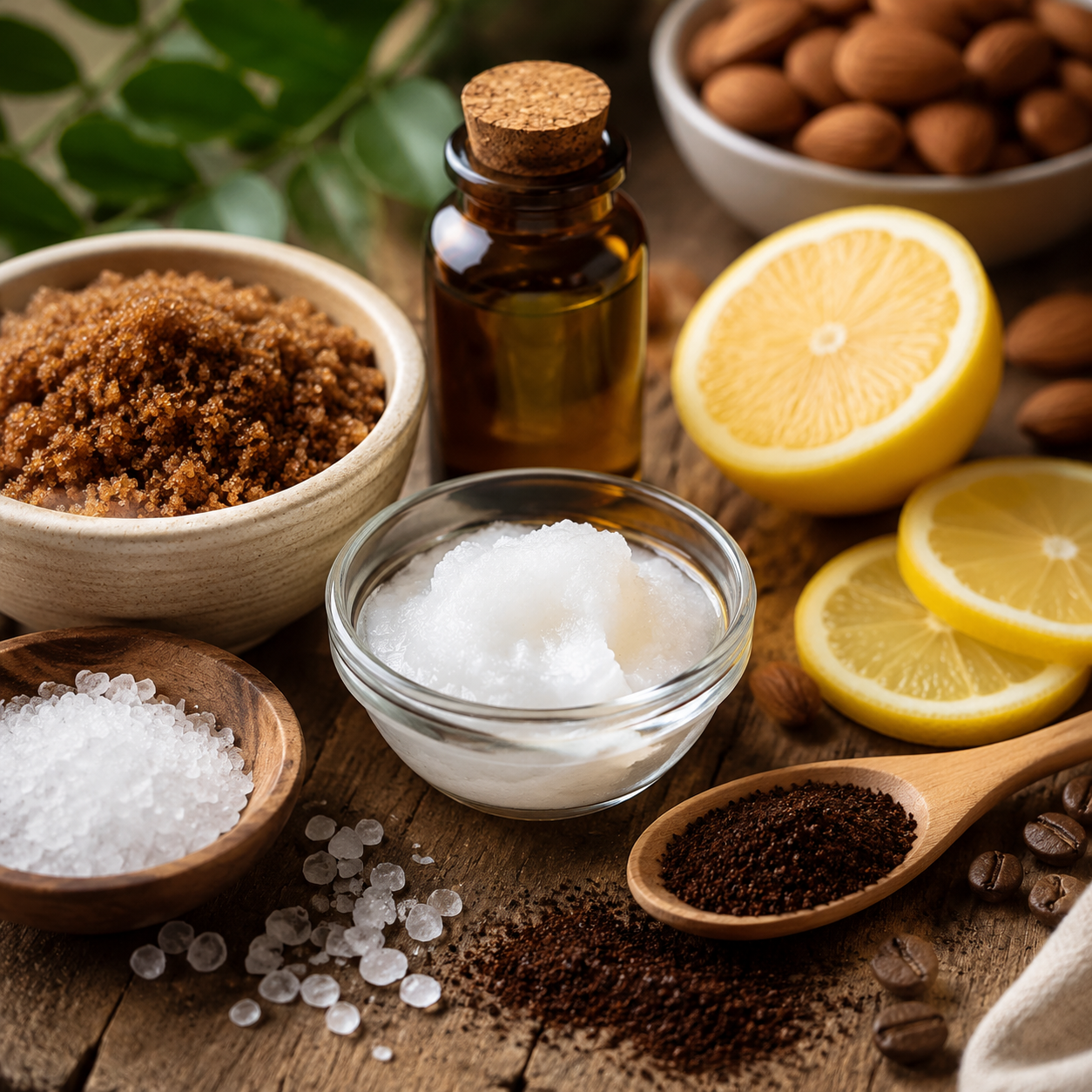 Natural DIY body scrub ingredients including sugar, coffee, oats, and coconut oil arranged on a wooden table