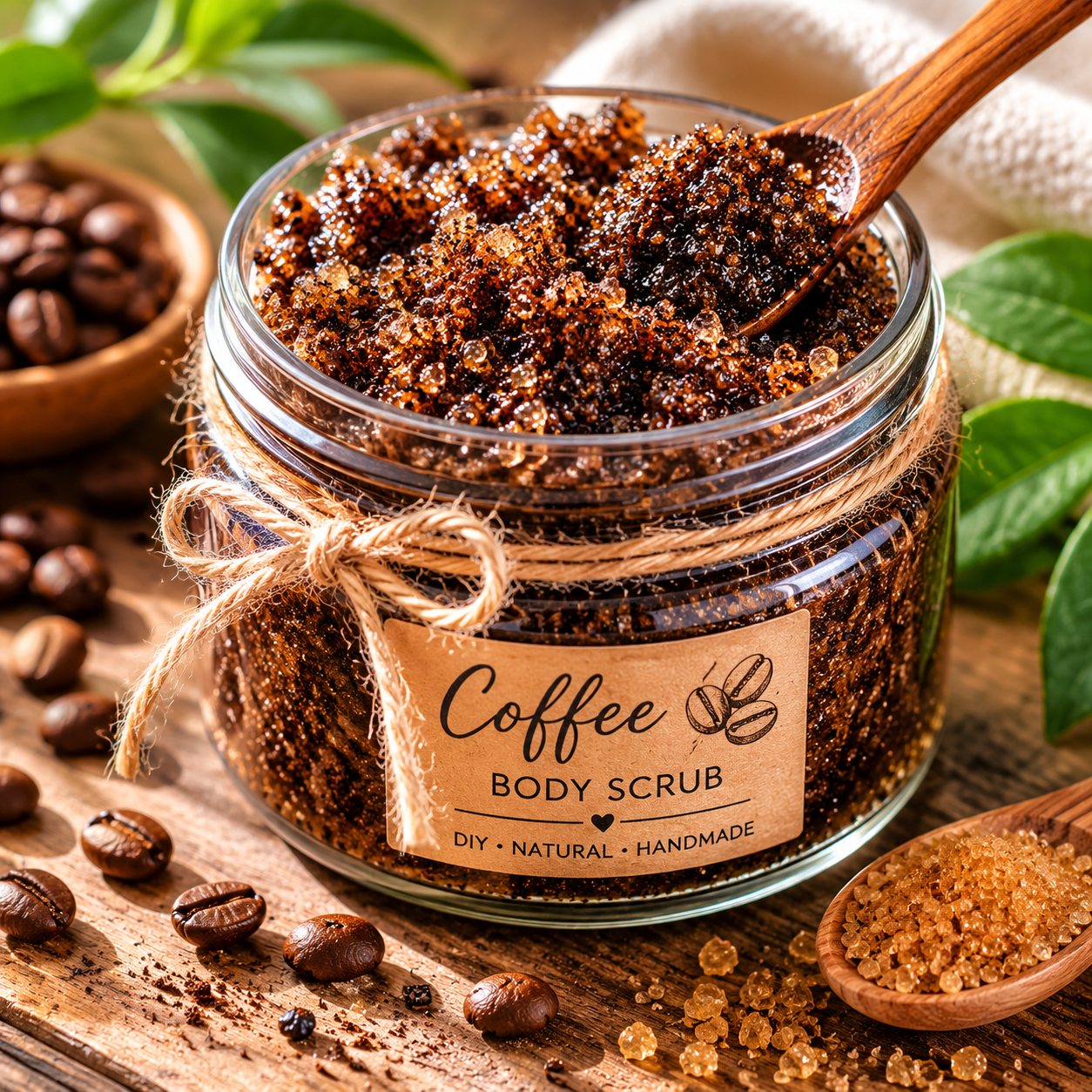 Homemade coffee and coconut body scrub in a glass jar with a wooden lid, surrounded by coffee beans