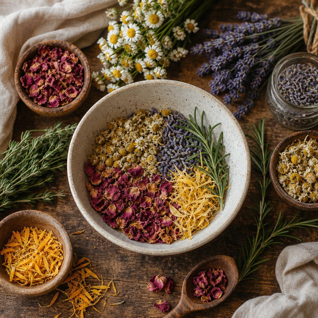 DIY Herbal Facial Steam for Glowing Skin: A Step-by-Step Guide 3 Herbs and flowers arranged for homemade facial steam treatment