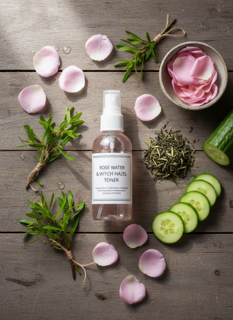 How to Make DIY Natural Face Toner: 5 Easy Homemade Recipes 1 DIY natural toner ingredients flat lay with rose petals, herbs, and glass bottle on wooden table