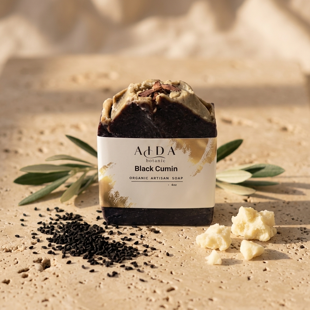 Handcrafted Black Cumin Moisturizing Soap 2 AIDA Black Cumin Moisturizing Soap product gallery image with black cumin botanical styling
