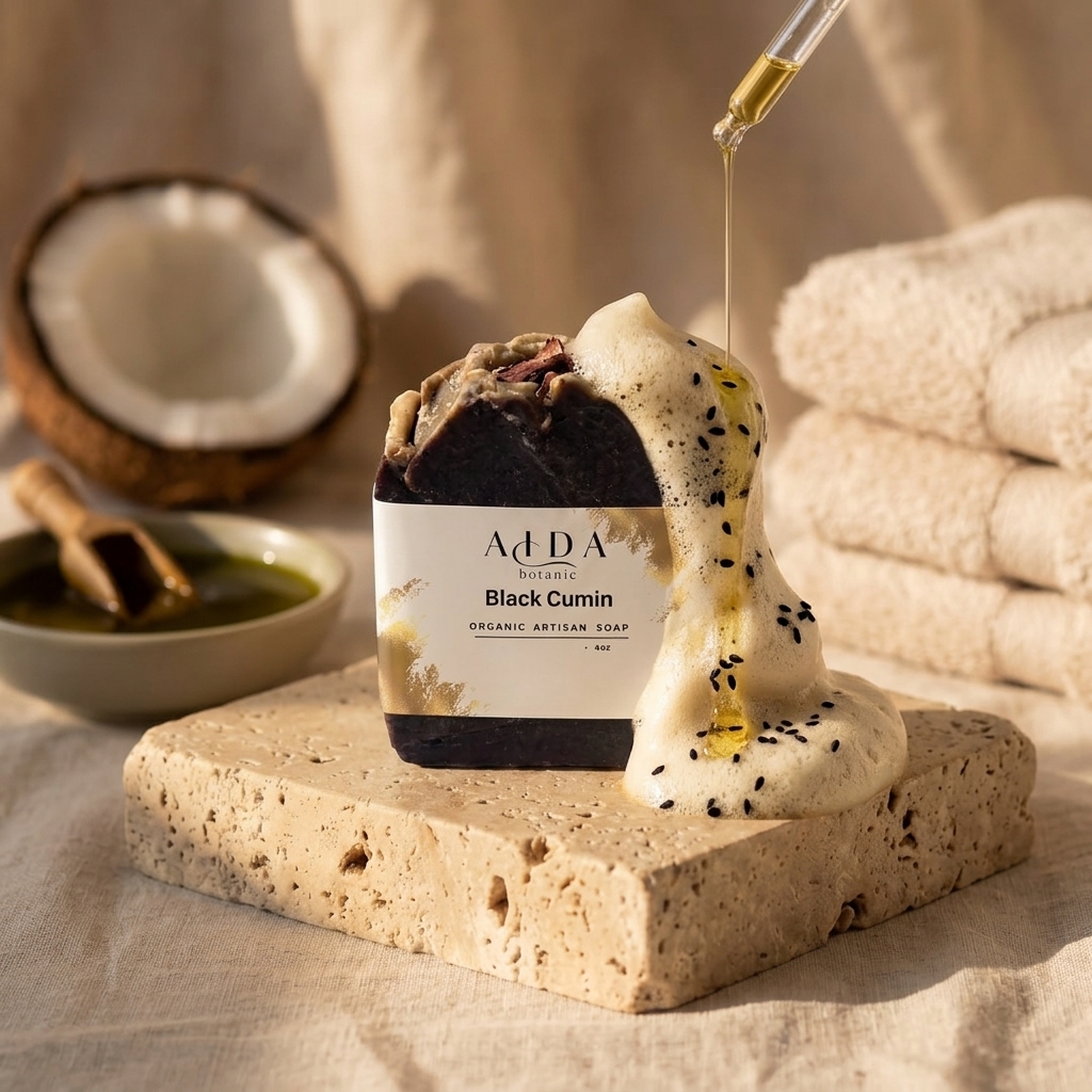 Handcrafted Black Cumin Moisturizing Soap 3 AIDA Black Cumin Moisturizing Soap close-up lifestyle gallery image with lather and natural oils