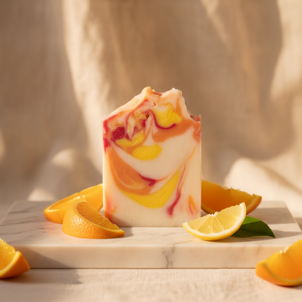 Handcrafted Fresh Citrus Moisturizing Soap 2 Handcrafted Fresh Citrus Soap product shot on cream marble