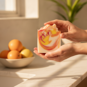 Fresh Citrus Soap lifestyle model shot in spa bathroom