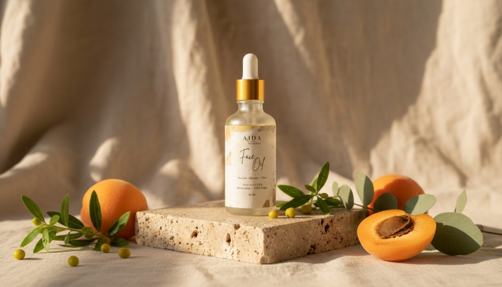 AIDA Facial Glow Oil bottle with botanicals for glowing skin