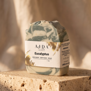 Handcrafted Eucalyptus Moisturizing Soap bar on cream marble