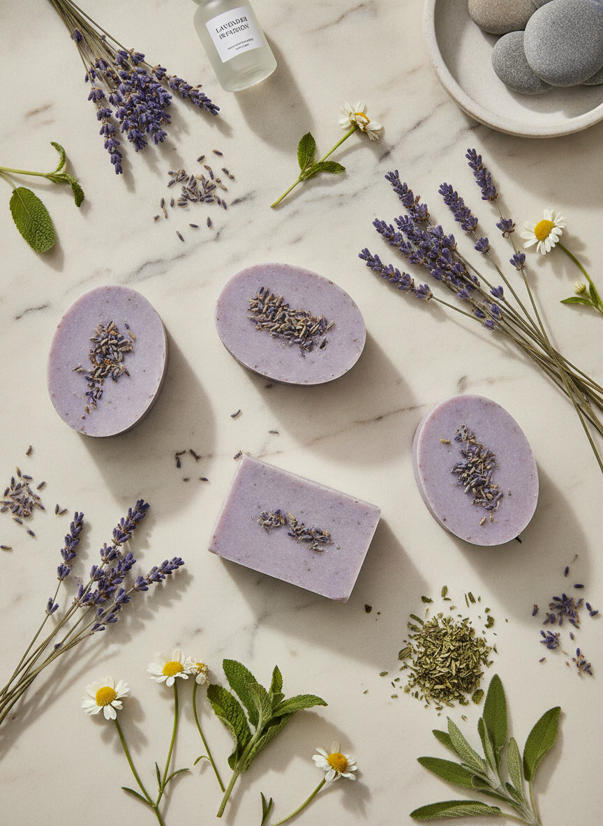 Handcrafted Lavender Moisturizing Soap 5 Aida Lavender Soap composition flat lay with lavender and botanicals