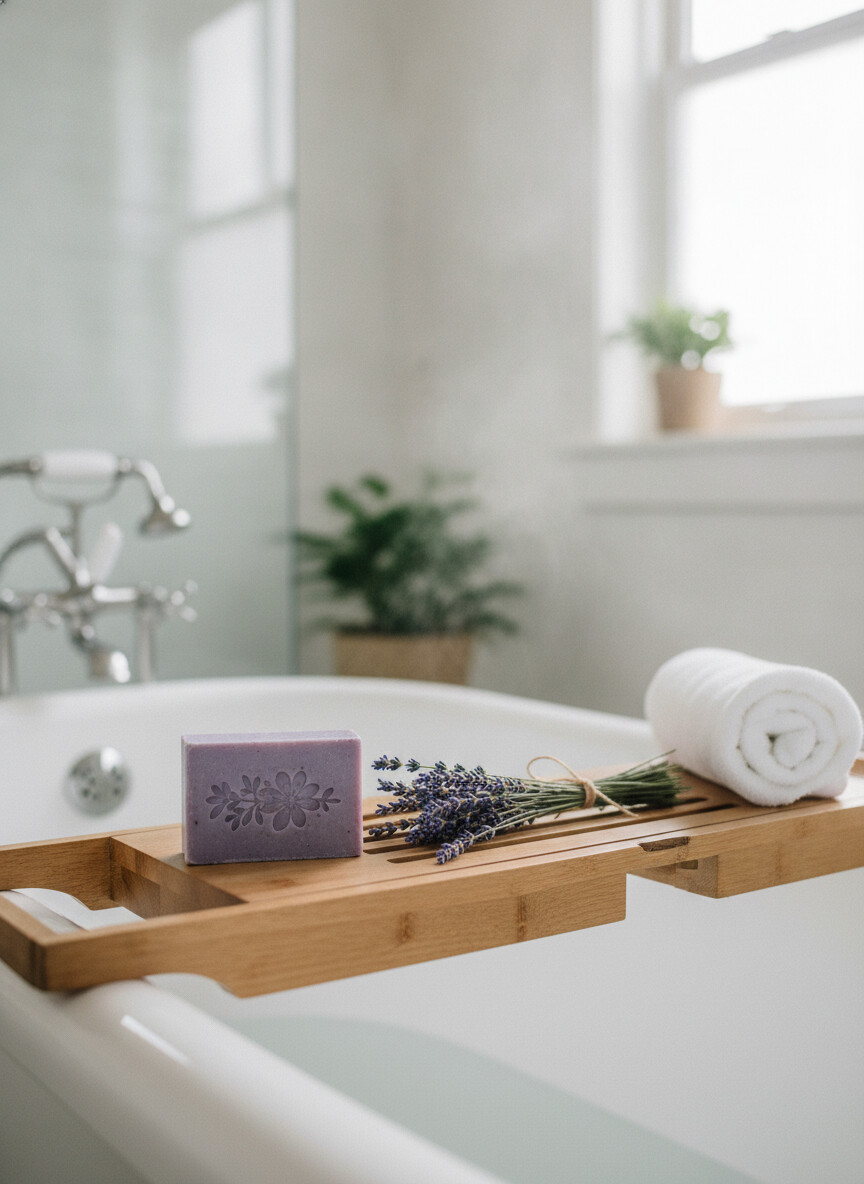 Handcrafted Lavender Moisturizing Soap 3 Aida Lavender Soap in spa bathroom setting