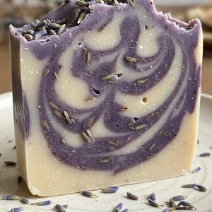 Close-up texture of Aida Lavender Soap with dried lavender petals