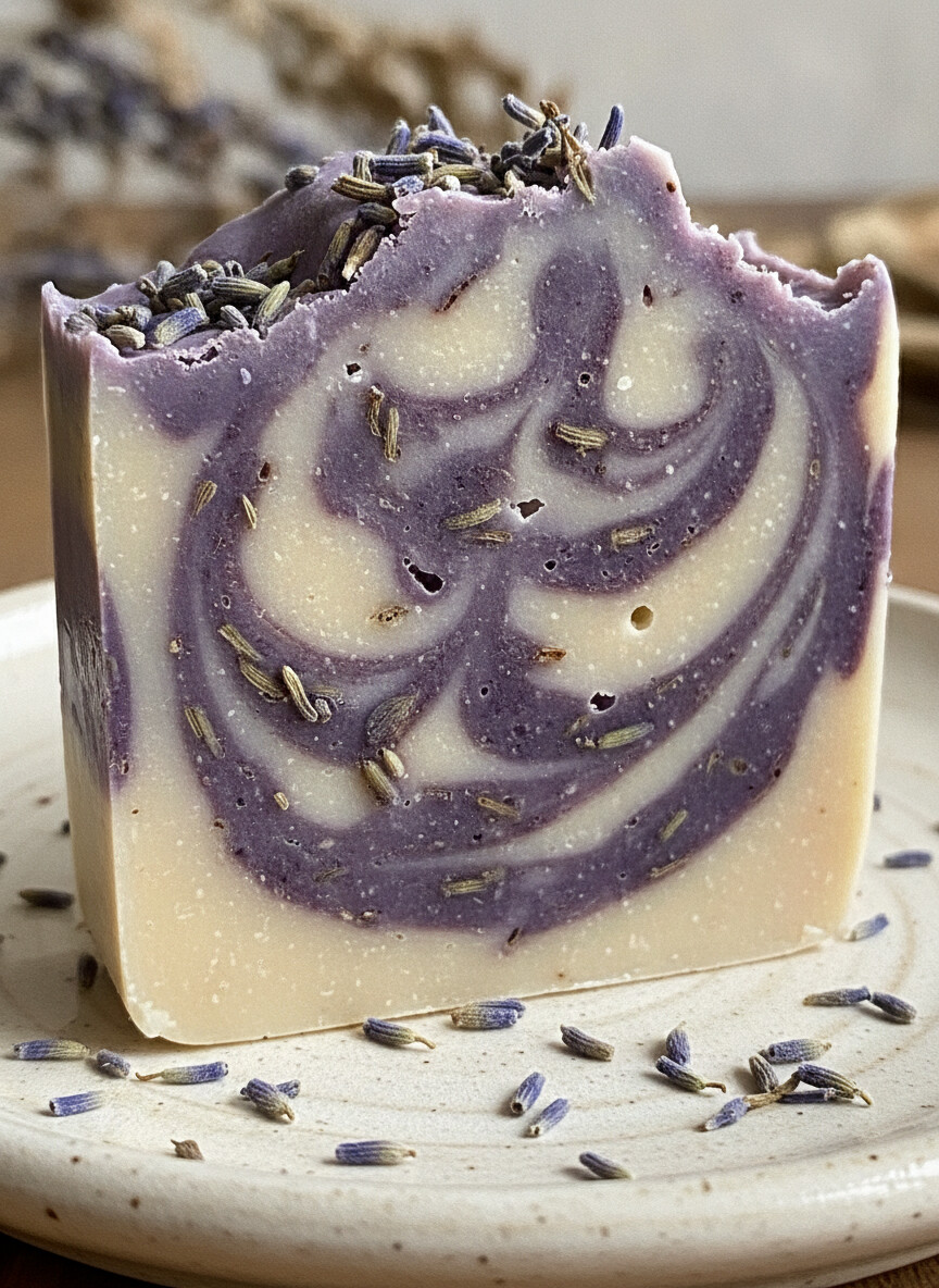 Handcrafted Lavender Moisturizing Soap 4 Close-up texture of Aida Lavender Soap with dried lavender petals