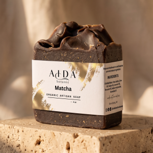 Handcrafted Matcha Moisturizing Soap bar on cream marble