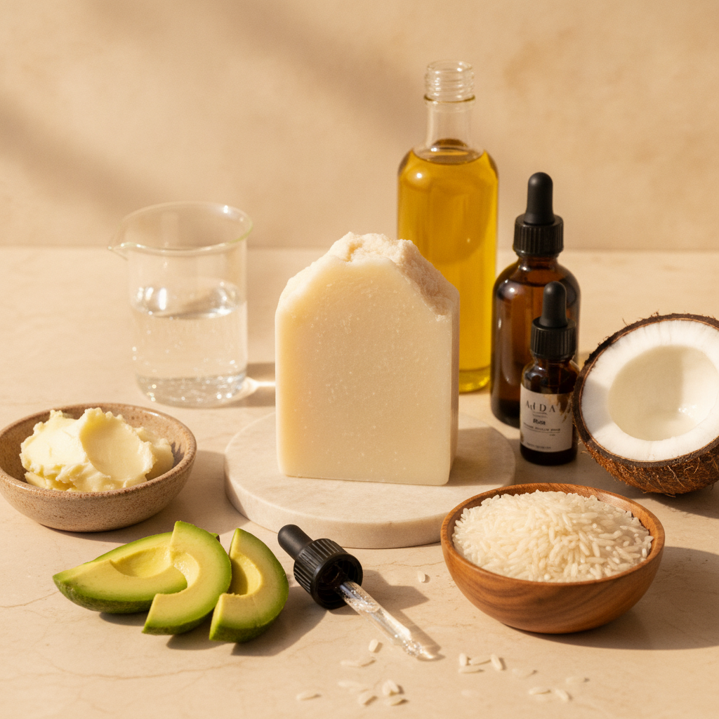 Handcrafted Rice Moisturizing Soap 5 AIDA Rice Moisturizing Soap ingredient composition with rice and natural oils