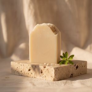 Handcrafted Rice Moisturizing Soap product shot on cream marble