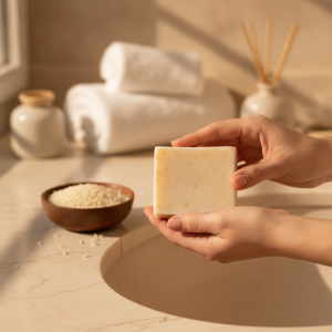 Handcrafted Rice Moisturizing Soap lifestyle model shot