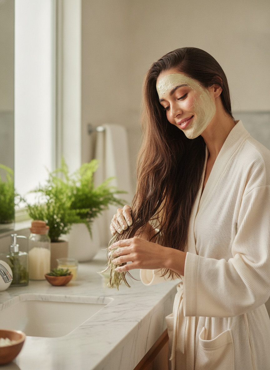 Rita applying a natural DIY hair mask in a bright sunlit bathroom - Aida Skincare