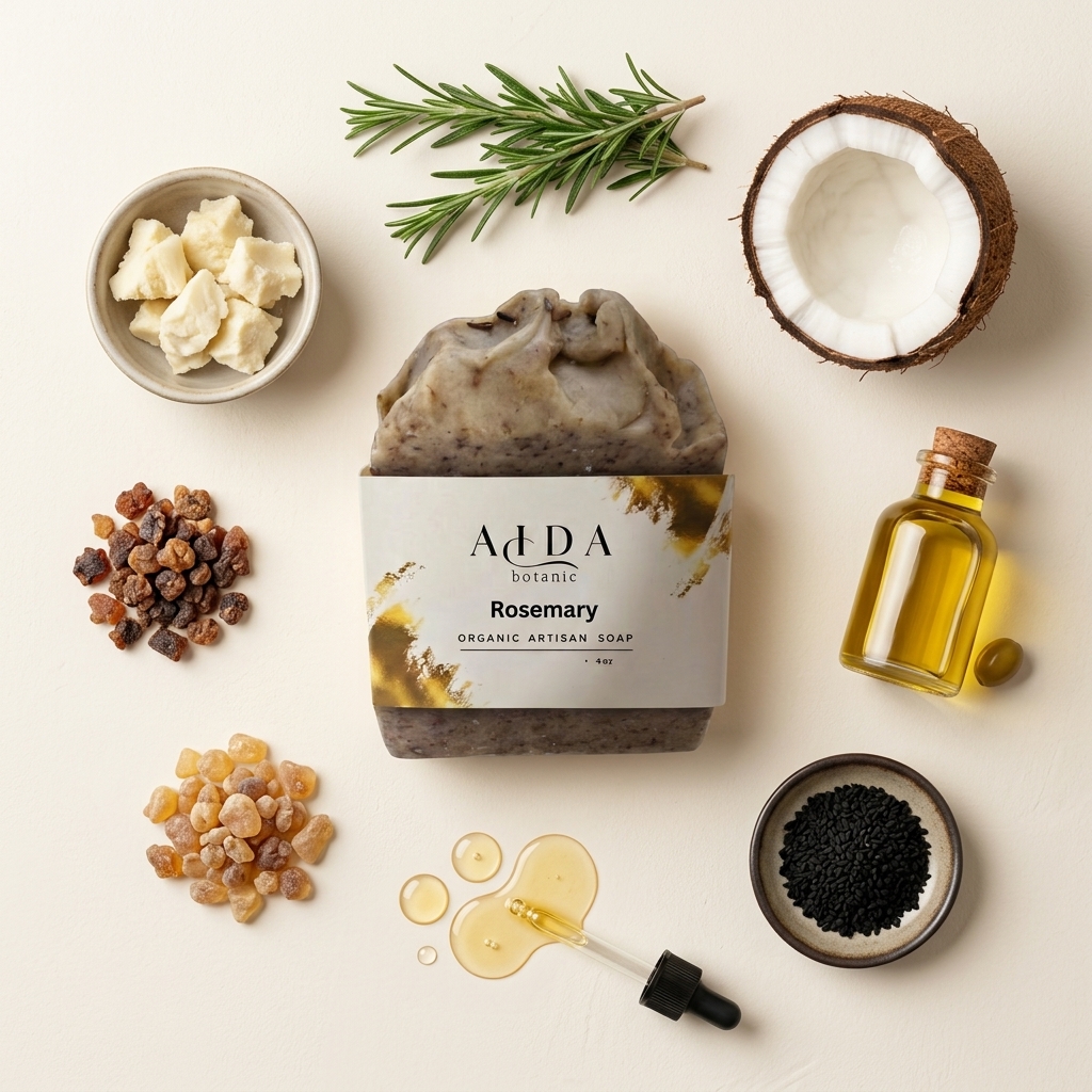 Handcrafted Rosemary Moisturizing Soap 6 AIDA Rosemary Moisturizing Soap ingredient composition with rosemary and natural oils