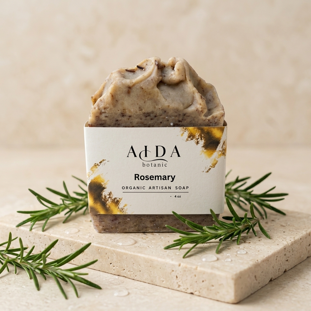 Handcrafted Rosemary Moisturizing Soap 2 AIDA Rosemary Moisturizing Soap product gallery image with rosemary botanical styling
