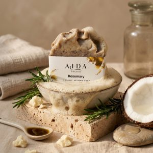 AIDA Rosemary Moisturizing Soap close-up lifestyle gallery image with lather and botanicals