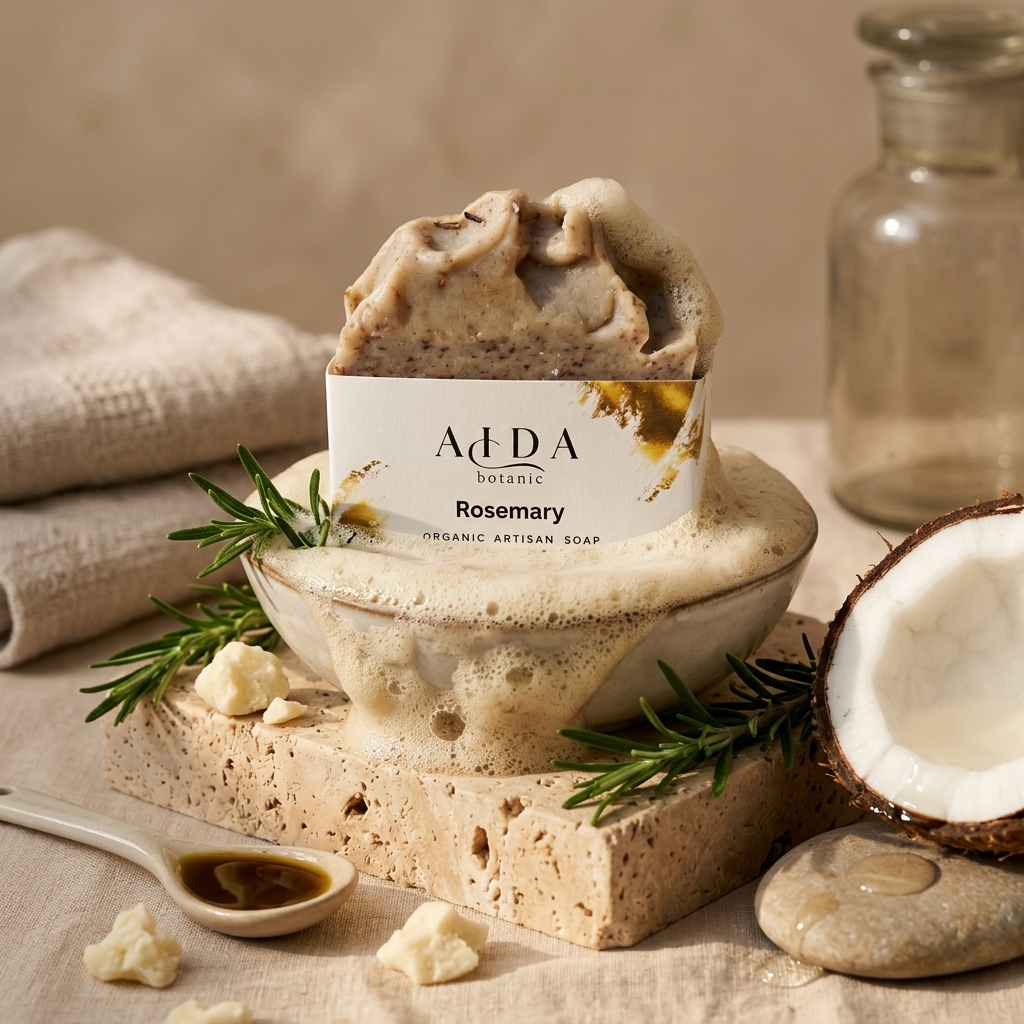 Handcrafted Rosemary Moisturizing Soap 3 AIDA Rosemary Moisturizing Soap close-up lifestyle gallery image with lather and botanicals
