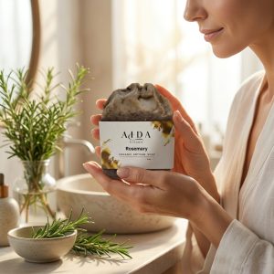 Lifestyle model holding AIDA Rosemary Moisturizing Soap in a natural skincare setting