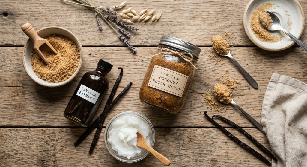 DIY sugar scrub with coconut oil and vanilla in glass jar flat lay