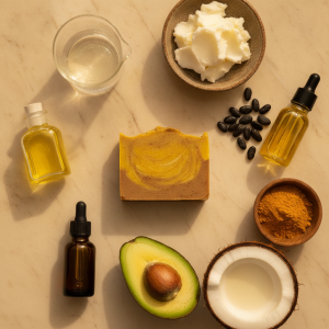 Handcrafted Turmeric Moisturizing Soap composition flat lay with ingredients