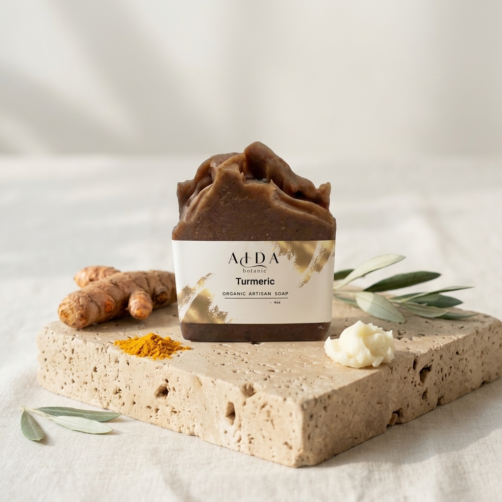 Handcrafted Turmeric Moisturizing Soap 2 AIDA Turmeric Moisturizing Soap product gallery image with turmeric botanical styling