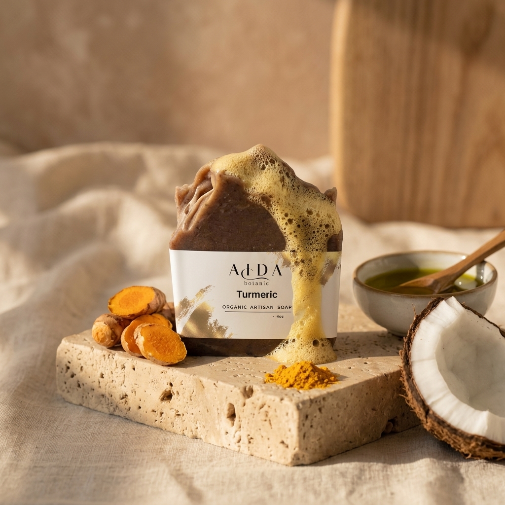 Handcrafted Turmeric Moisturizing Soap 3 AIDA Turmeric Moisturizing Soap close-up lifestyle gallery image with lather and natural oils