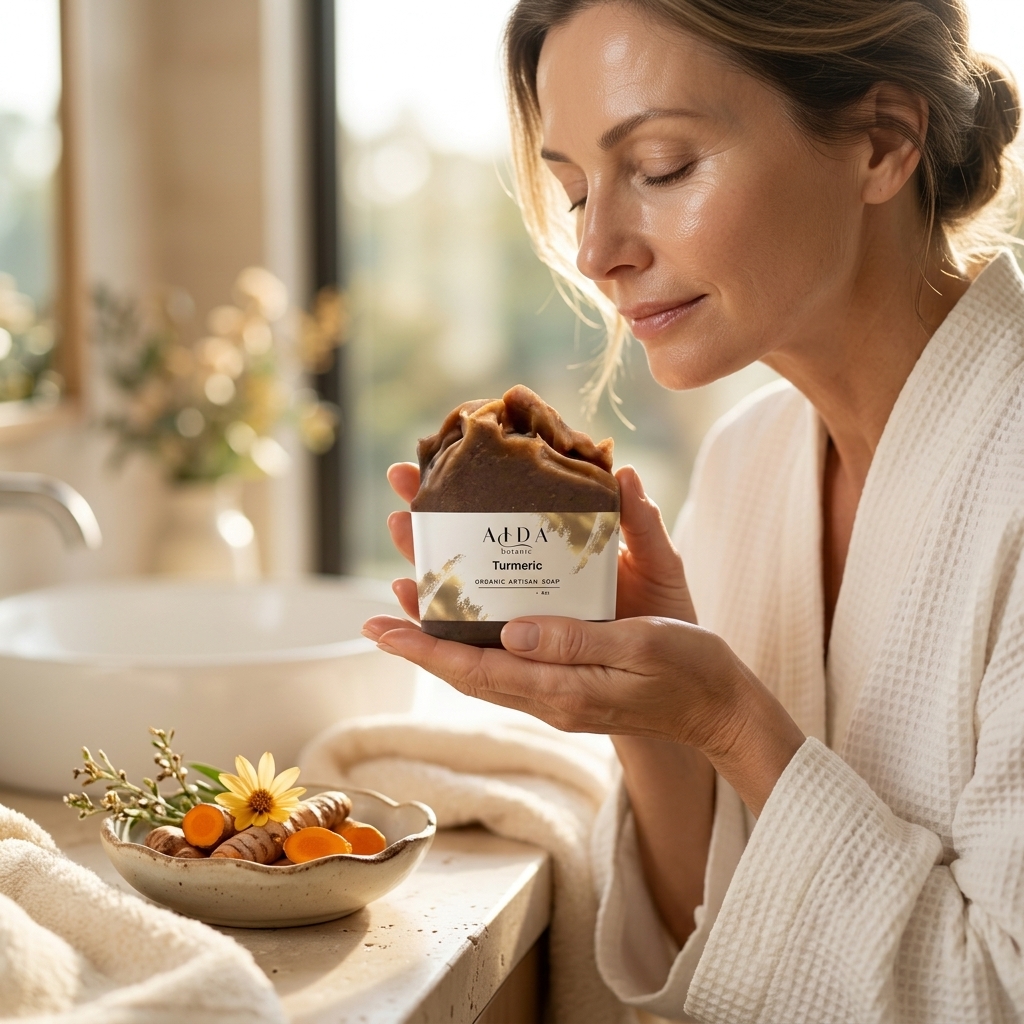Handcrafted Turmeric Moisturizing Soap 5 Lifestyle model holding AIDA Turmeric Moisturizing Soap in a natural skincare setting