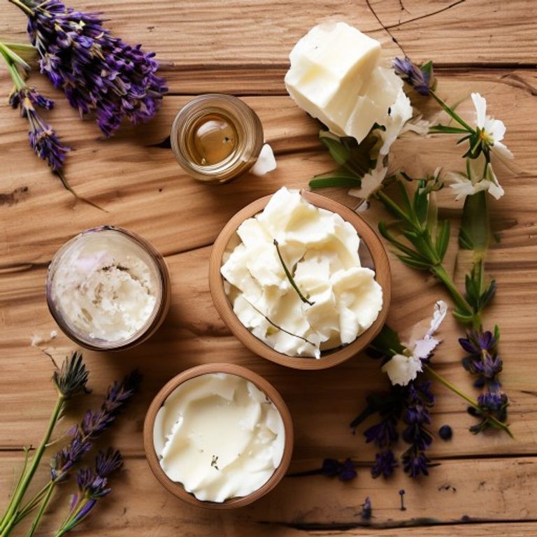 Natural ingredients for DIY body butter: shea butter, coconut oil, herbs, and essential oils on a wooden table